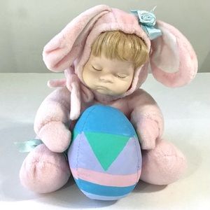 Porcelain Face Plush Bunny Doll Wind-Up Music Sleepy Moving Head Easter Parade